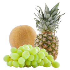 Witte pitloze druiven
schaal à 500 gram,
ananas of galia meloen